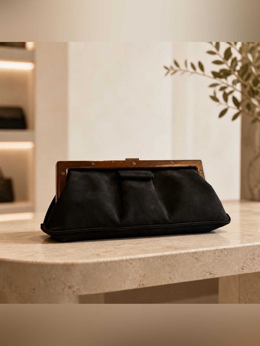 Perroni Paris-Designer Deep Navy Suede Framed Clutch with Real Wood Accent